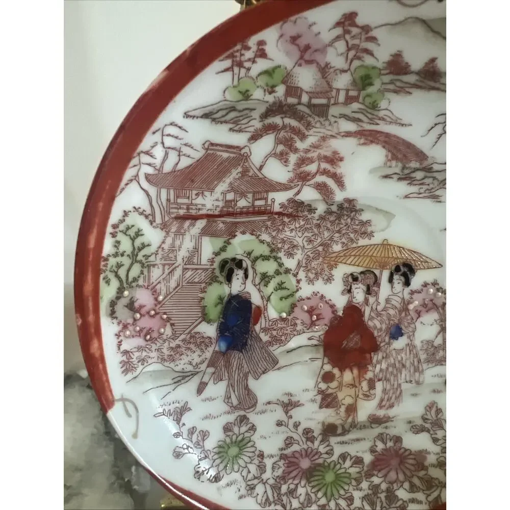 Set Of 3 Vtg Japanese Kutani Porcelain Geisha Saucer Plates Hand Painted 5.5”